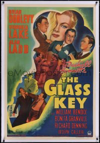 4x0307 GLASS KEY linen 1sh 1942 incredible artwork of Alan Ladd & sexy Veronica Lake in giant key!