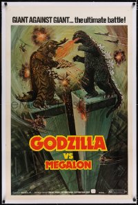4x0309 GODZILLA VS. MEGALON linen 1sh 1976 great Dippel art of monsters battling on Twin Towers!