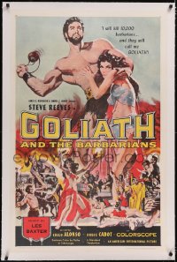 4x0313 GOLIATH & THE BARBARIANS linen 1sh 1959 Reynold Brown art of Reeves protecting Chelo Alonso!