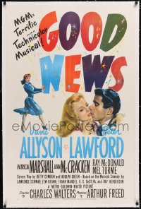 4x0314 GOOD NEWS linen 1sh 1947 art of June Allyson & Peter Lawford kissng, Technicolor musical!