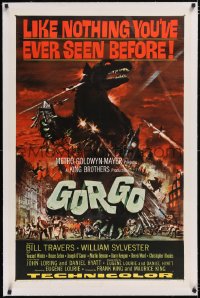 4x0318 GORGO linen 1sh 1961 great artwork of giant monster terrorizing London by Joseph Smith!