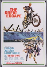 4x0319 GREAT ESCAPE linen int'l 1sh R1970s best McCarthy art of McQueen jumping motorcycle, rare!