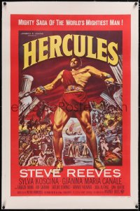 4x0343 HERCULES linen 1sh 1959 great montage artwork of the world's mightiest man Steve Reeves!