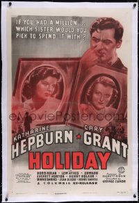 4x0350 HOLIDAY linen 1sh R1948 will Cary Grant choose Katharine Hepburn or Doris Nolan, great art!
