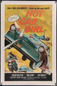 4x0355 HOT CAR GIRL linen 1sh 1958 she's Hell-on-wheels, fired up for any thrill, classic image!