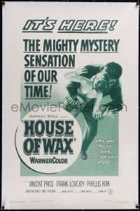 4x0359 HOUSE OF WAX linen 2D 1sh 1953 great horror artwork of monster & grabbing sexy girl!