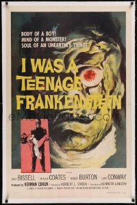 4x0371 I WAS A TEENAGE FRANKENSTEIN linen 1sh 1957 wonderful c/u art of monster + holding sexy girl!
