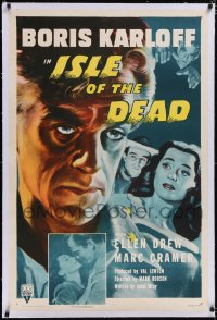 4x0385 ISLE OF THE DEAD linen 1sh R1953 different montage of creepy Boris Karloff and Ellen Drew!
