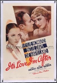 4x0389 IT'S LOVE I'M AFTER linen 1sh 1937 Leslie Howard, Bette Davis & Olivia de Havilland, rare!