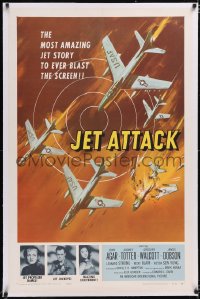 4x0394 JET ATTACK linen 1sh 1958 cool artwork of Korean War military fighter jets in formation!