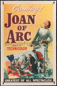 4x0395 JOAN OF ARC linen style B teaser 1sh 1948 different art of Ingrid Bergman in armor & wounded!