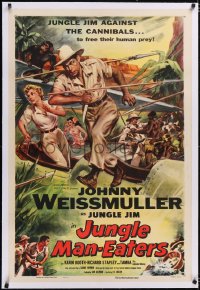 4x0407 JUNGLE MAN-EATERS linen 1sh 1954 Cravath art of Johnny Weissmuller as Jungle Jim vs cannibals!