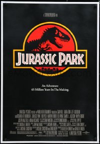 4x0408 JURASSIC PARK linen 1sh 1993 Steven Spielberg, classic logo with T-Rex over red background!