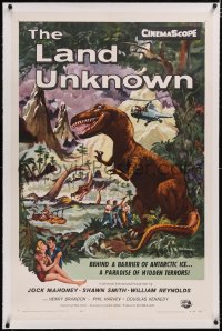 4x0436 LAND UNKNOWN linen 1sh 1957 paradise of hidden terrors, great art of dinosaurs by Ken Sawyer!