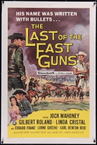 4x0439 LAST OF THE FAST GUNS linen 1sh 1958 Jock Mahoney's name was written with bullets, cool art!