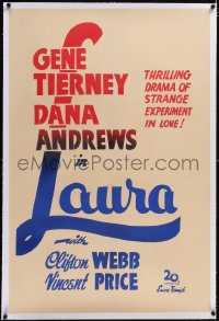 4x0440 LAURA linen local theater 1sh R1940s Tierney, thrilling drama of strange experiment in love!