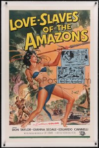 4x0463 LOVE-SLAVES OF THE AMAZONS linen 1sh 1957 Reynold Brown art of sexy female native with spear!