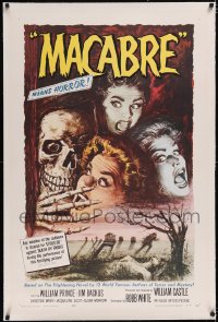 4x0470 MACABRE linen 1sh 1958 William Castle, Besser art of skeleton & screaming girls in graveyard!