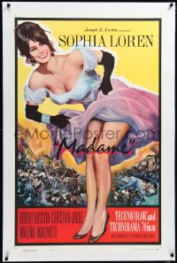 4x0475 MADAME SANS GENE linen 1sh R1963 sexy full-length Sophia Loren in low-cut dress, Madame!
