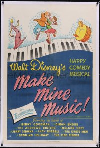 4x0479 MAKE MINE MUSIC linen 1sh 1946 Walt Disney full-length feature cartoon, musical piano art!