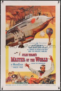 4x0492 MASTER OF THE WORLD linen 1sh 1961 Jules Verne, Vincent Price, cool art of big flying machine!