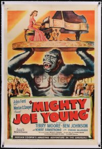 4x0502 MIGHTY JOE YOUNG linen style B 1sh 1949 Harryhausen, giant ape holding Terry Moore & piano!