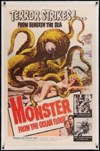 4x0513 MONSTER FROM THE OCEAN FLOOR linen 1sh 1954 uncensored art of octopus beast & sexy woman!