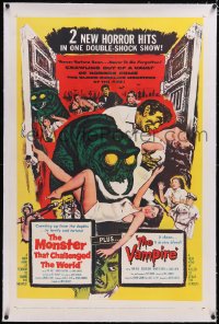 4x0516 MONSTER THAT CHALLENGED THE WORLD/VAMPIRE linen 1sh 1957 two horror hits, a double-shock show!