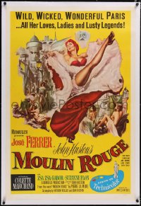 4x0521 MOULIN ROUGE linen int'l 1sh 1953 great artwork of sexy cabaret dancer doing a high kick!