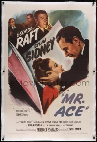 4x0522 MR. ACE linen 1sh 1946 close up of George Raft holding pretty Sylvia Sidney, film noir!
