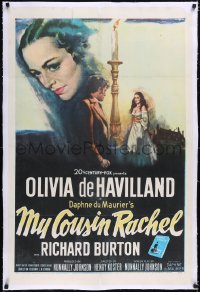 4x0527 MY COUSIN RACHEL linen 1sh 1953 striking art of pretty Olivia de Havilland & Richard Burton!