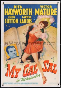 4x0532 MY GAL SAL linen A 1sh 1942 art of Rita Hayworth bursting through sheet music, Victor Mature!