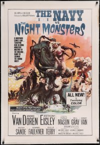 4x0539 NAVY VS THE NIGHT MONSTERS linen 1sh 1966 wild horror art of sexy Mamie Van Doren in peril!