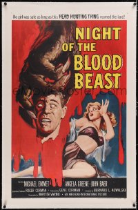 4x0544 NIGHT OF THE BLOOD BEAST linen 1sh 1958 art of sexy girl & monster hand holding severed head!