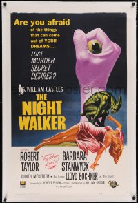 4x0547 NIGHT WALKER linen int'l 1sh 1965 William Castle, great different art with eyeball in hand!