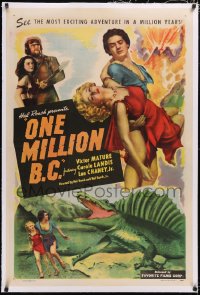 4x0564 ONE MILLION B.C. linen 1sh R1952 art of caveman Victor Mature saving Carole Landis from dino!