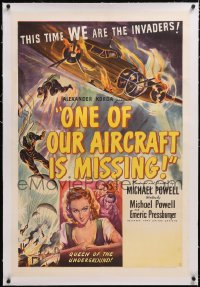 4x0565 ONE OF OUR AIRCRAFT IS MISSING linen 1sh 1942 Powell & Pressburger, bomber airplane art, rare!