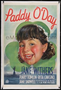 4x0571 PADDY O'DAY linen 1sh 1936 headshot portrait art of Irish Jane Withers by HUGE shamrock!