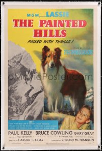 4x0572 PAINTED HILLS linen 1sh 1951 wonderful art portrait of Lassie + saving man falling from cliff!