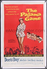 4x0573 PAJAMA GAME linen 1sh 1957 sexy full-length image of Doris Day, who chases boys!