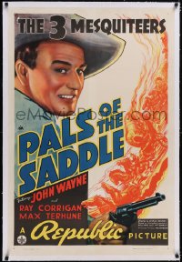 4x0577 PALS OF THE SADDLE linen 1sh 1938 wonderful c/u of young John Wayne holding gun + cool art!