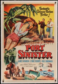 4x0594 PORT SINISTER linen 1sh 1953 great art of man shooting at giant crab attacking bound girl!