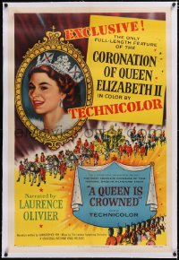 4x0615 QUEEN IS CROWNED linen 1sh 1953 Queen Elizabeth II's exclusive coronation documentary!