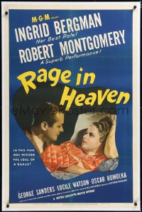 4x0619 RAGE IN HEAVEN linen 1sh R1946 c/u of Robert Montgomery over Ingrid Bergman laying in bed!