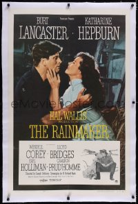 4x0622 RAINMAKER linen 1sh 1956 close up of con man Burt Lancaster & Katharine Hepburn, William Inge!
