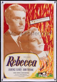 4x0626 REBECCA linen 1sh R1950s Alfred Hitchcock, art of Laurence Olivier & Joan Fontaine in flames!