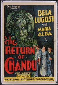 4x0633 RETURN OF CHANDU linen 1sh 1934 great artwork of spooky magician Bela Lugosi, serial, rare!