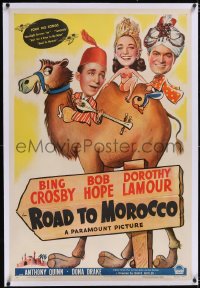 4x0639 ROAD TO MOROCCO linen 1sh 1942 wacky art of Bob Hope, Bing Crosby & Dorothy Lamour on camel!