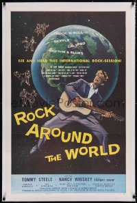 4x0644 ROCK AROUND THE WORLD linen 1sh 1957 early rock & roll, great art of Tommy Steele w/guitar!