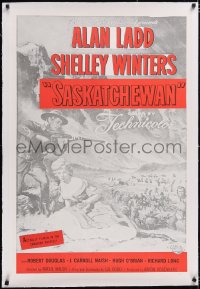 4x0665 SASKATCHEWAN linen 1sh R1950s great artwork of Mountie Alan Ladd & sexy Shelley Winters!